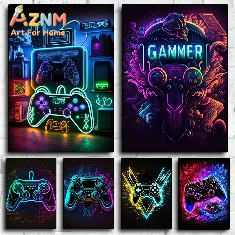 Gaming Esports Esports - モダンなネオンポップクールなゲーミングウォールアートポスター、カラフルなゲーマーコントローラーポスターとプリント、Eスポーツルームの装飾ギフト（ライトなし）