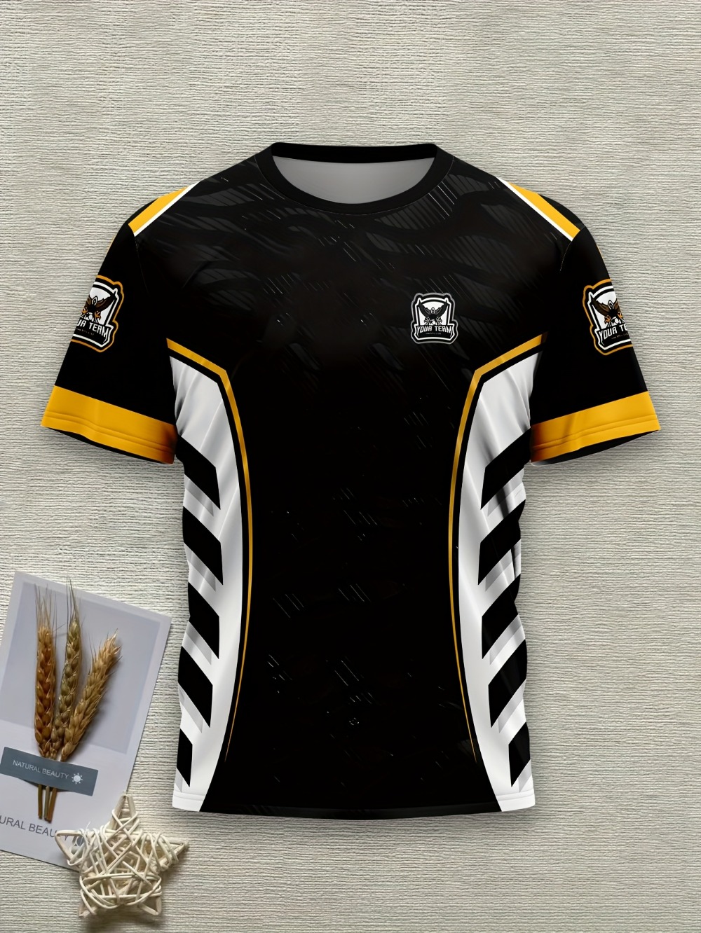 Esports Gaming Team - メンズゲーミングeスポーツチームジャージTシャツ、黒・金・白の幾何学模様昇華プリント3DプリントTシャツ、イーグルロゴスポーツ半袖シャツ